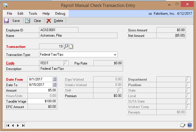 Screenshot of the Payroll Manual Check Transaction Entry window, showing Federal Tax/Tips selected as the transaction type.
