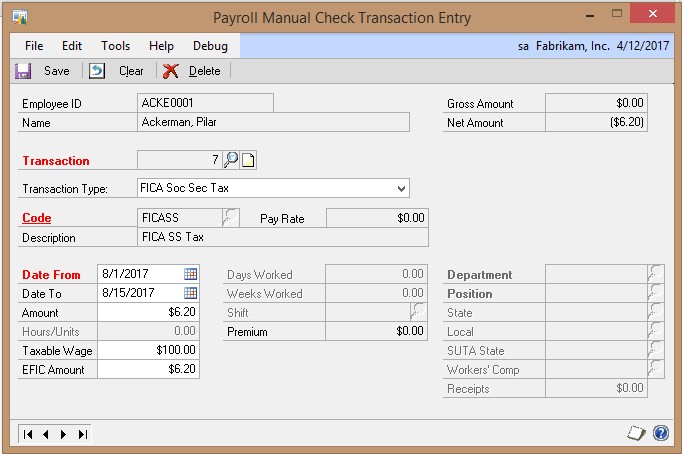 Screenshot showing the Payroll Manual Check Transaction Entry window.