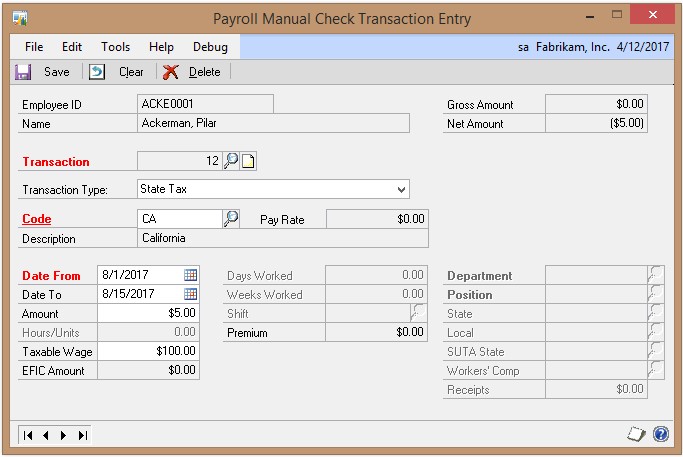 Screenshot of the Payroll Manual Check Transaction Entry window, showing State Tax selected as the transaction type.
