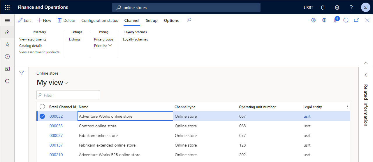 Canais de dados de demonstração padrão no Commerce headquarters.