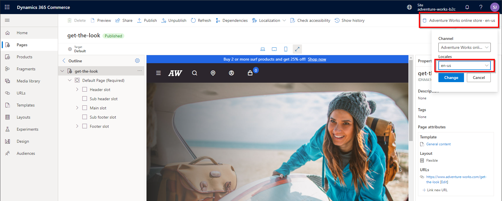 Alteração do idioma de uma página no construtor de sites.
