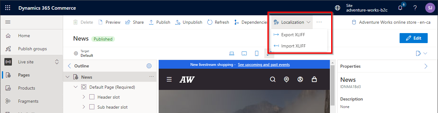 Importação ou exportação de uma página ou fragmento no formato XLIFF.
