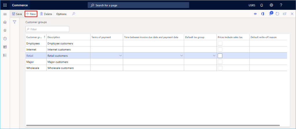 Captura de tela dos grupos de clientes configurados.
