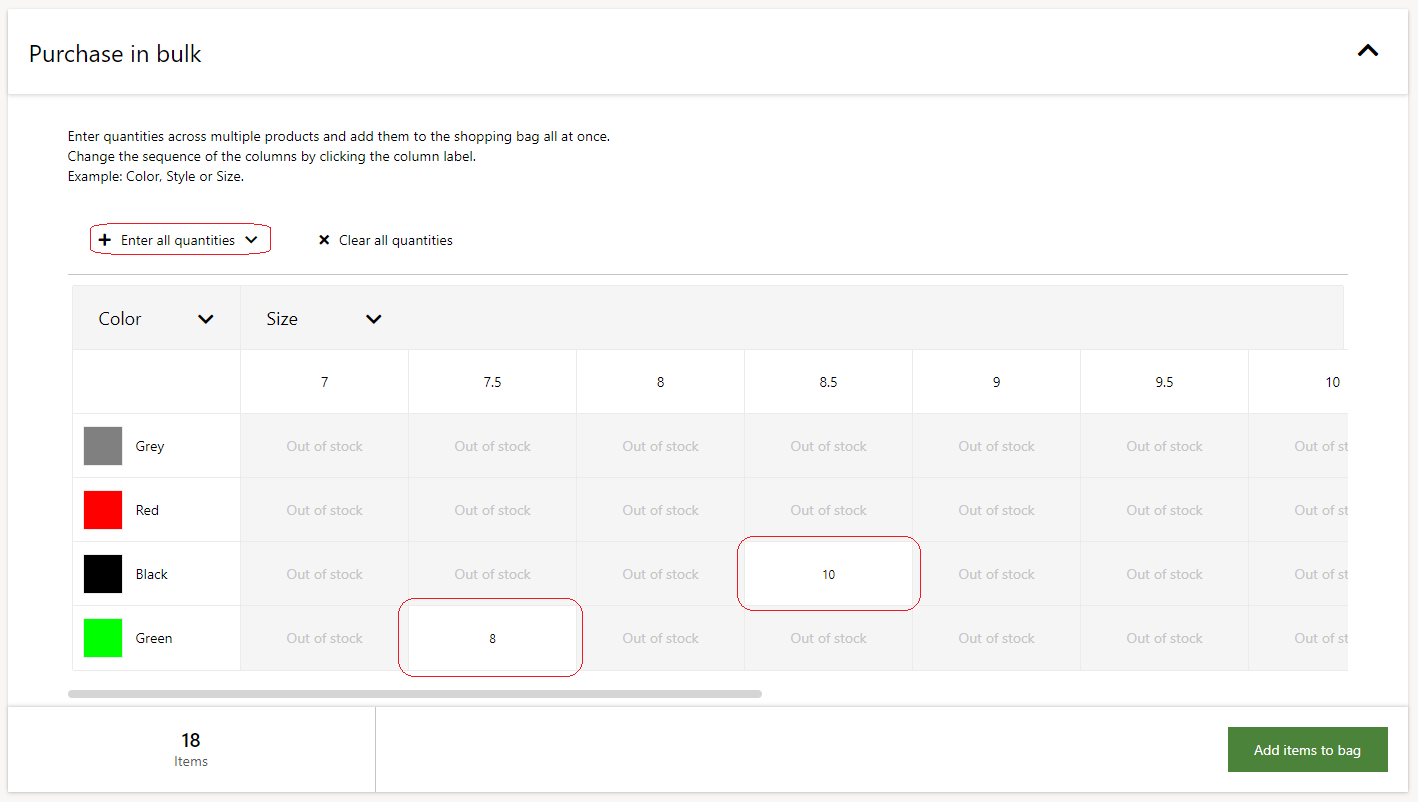 Captura de tela da entrada de pedido rápido que usa a funcionalidade Inserir todas as quantidades.