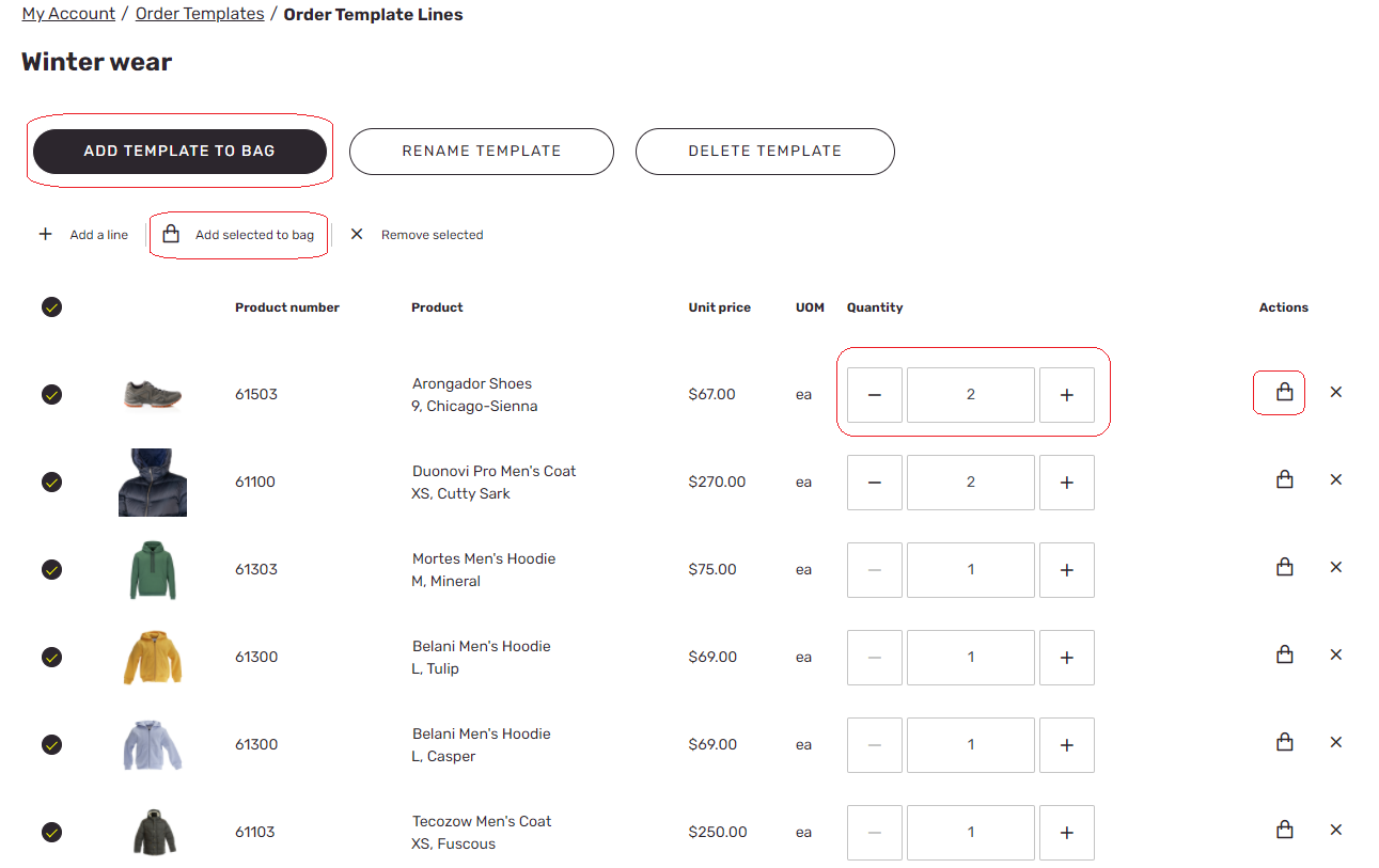 Captura de tela de um exemplo de exibição de detalhes do modelo de pedido.