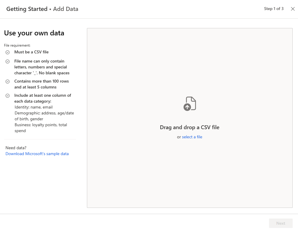 Captura de tela de Introdução - Adicionar Dados para adicionar seu único arquivo CSV.