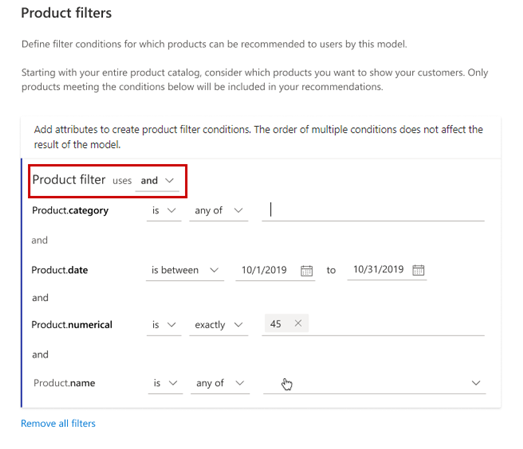 Configuração de exemplo de filtros de produto combinados com conectores AND lógicos.