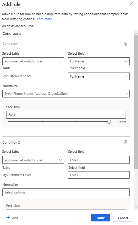 Regra de correspondência unificada para nome e email.