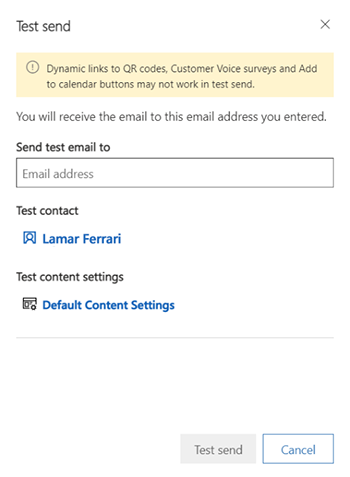Caixa de diálogo Envio de teste de email.