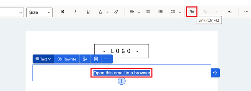 Vincular qualquer texto no editor de email para usar Exibir no navegador