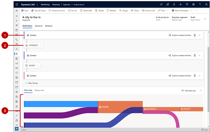 Elementos da interface de usuário do designer de segmentos para combinar blocos de consulta.