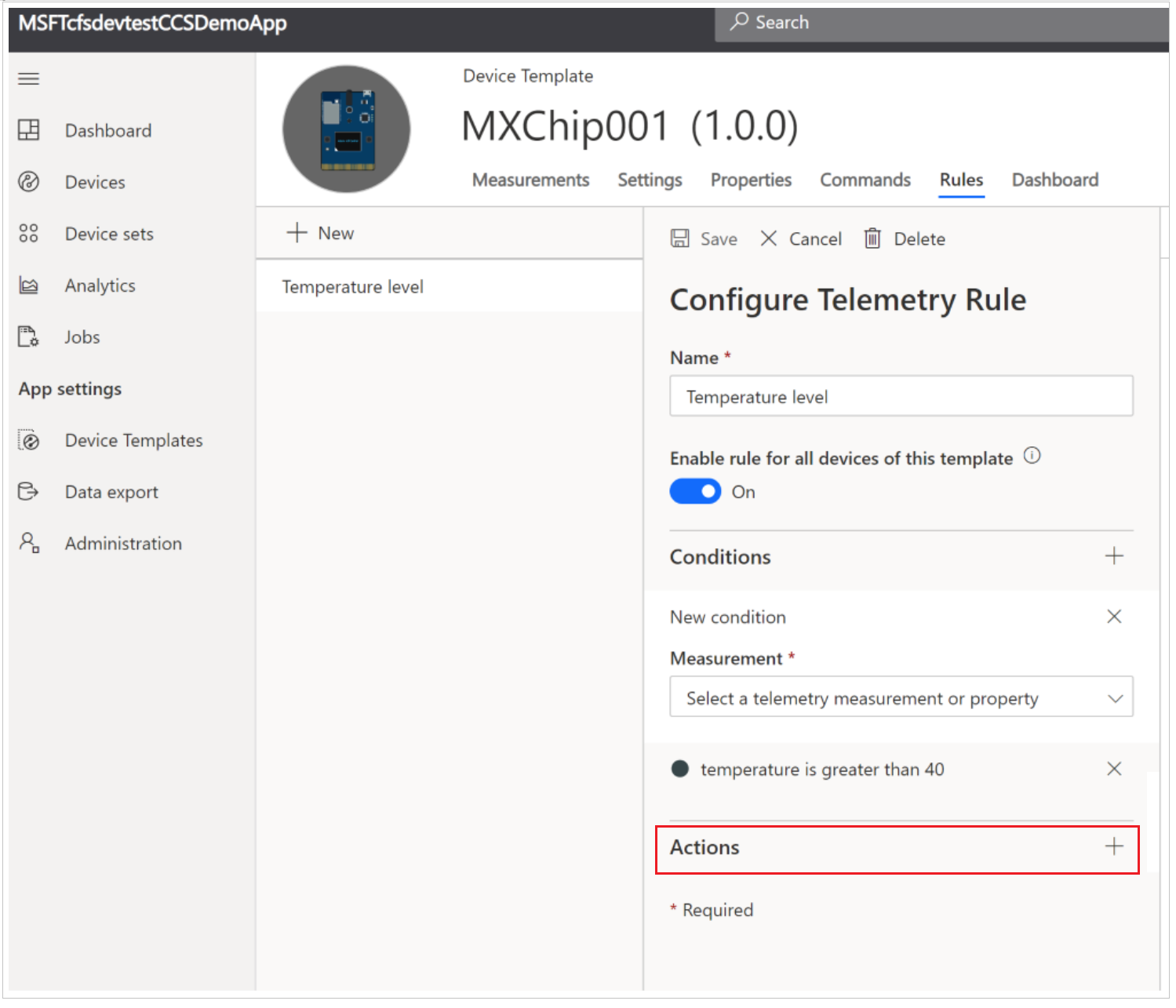 Captura de tela da opção Ações no IoT Central.