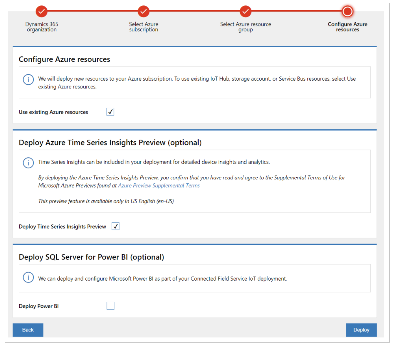 Captura de tela da tela de implantação mostrando a configuração dos recursos do Azure.