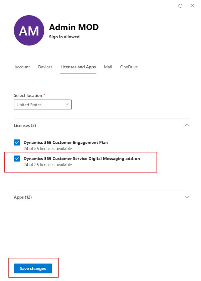 Captura de tela da caixa de diálogo de licenças do produto Digital Messaging para atribuição de licenças de teste.