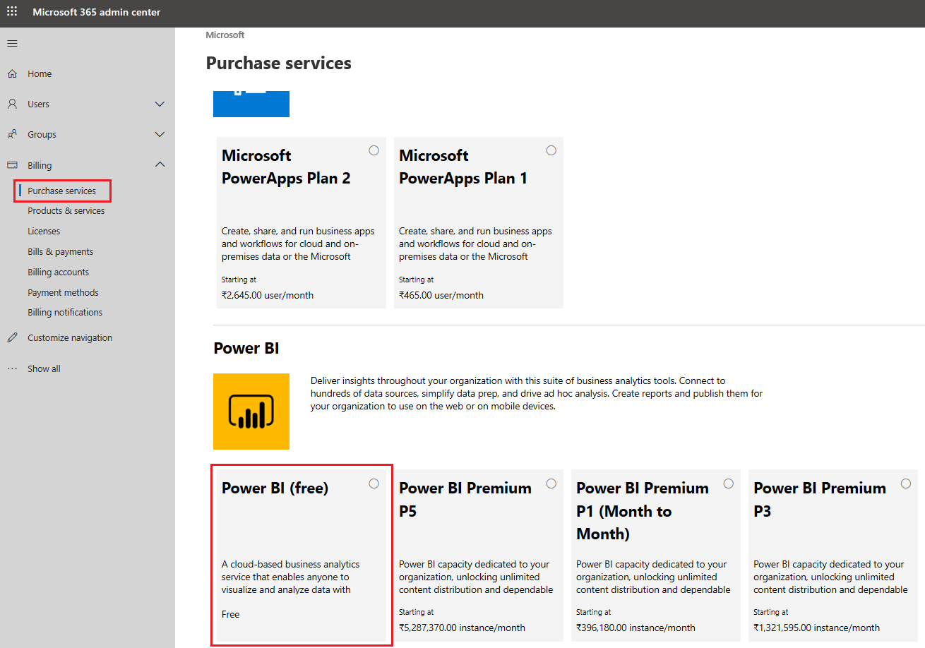 Captura de tela da opção de compra de assinatura gratuita do Power BI.