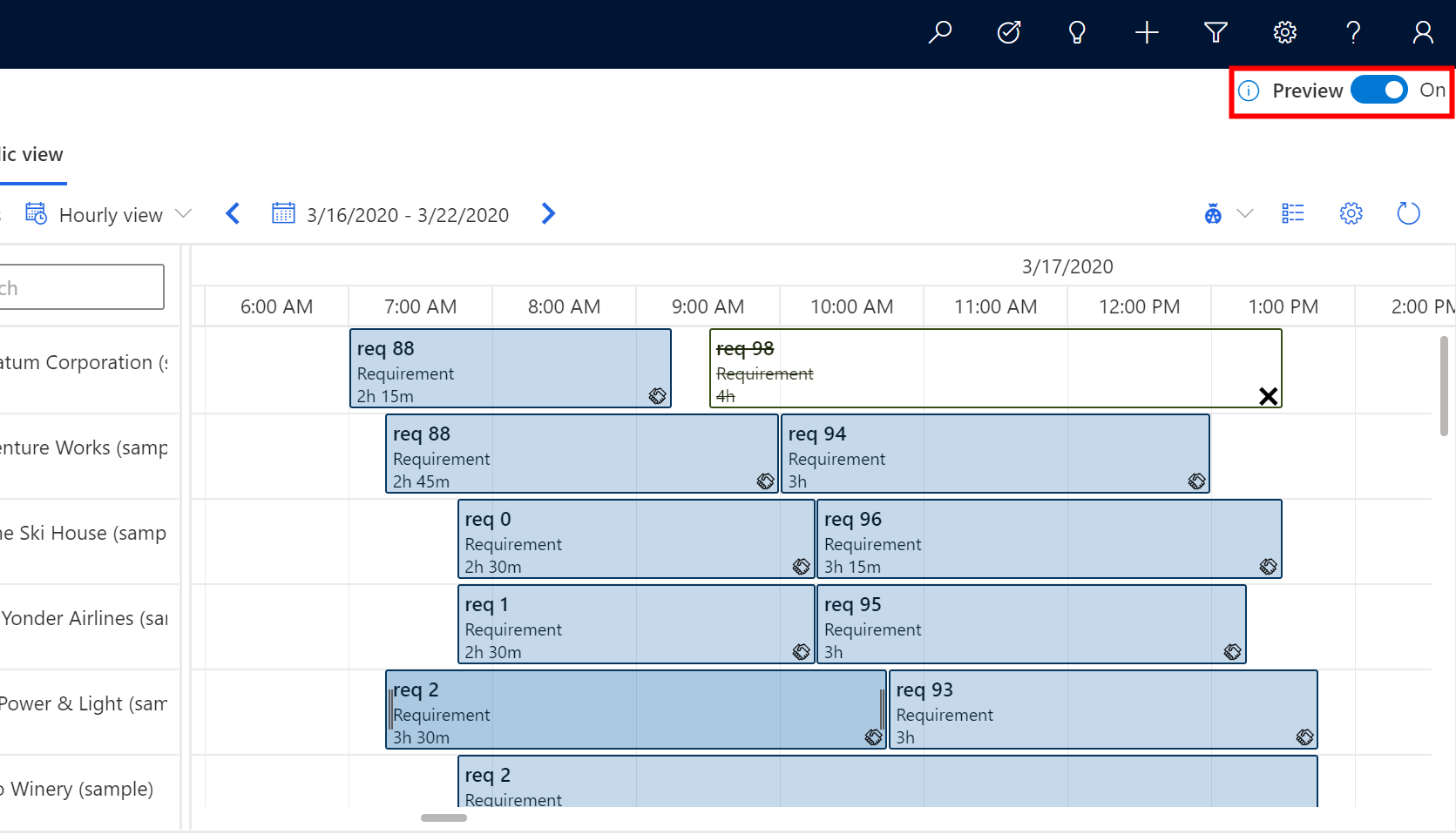 Captura de tela do painel de agendamento exibindo a alternância de versão prévia no canto superior direito definido como 