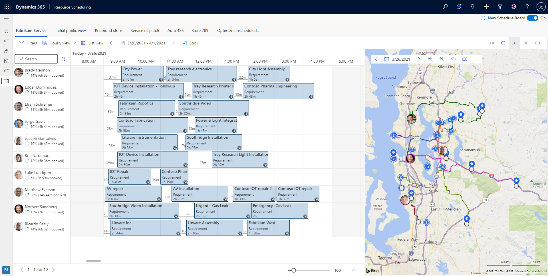 Captura de tela do painel de agendamento com exibição de mapa.