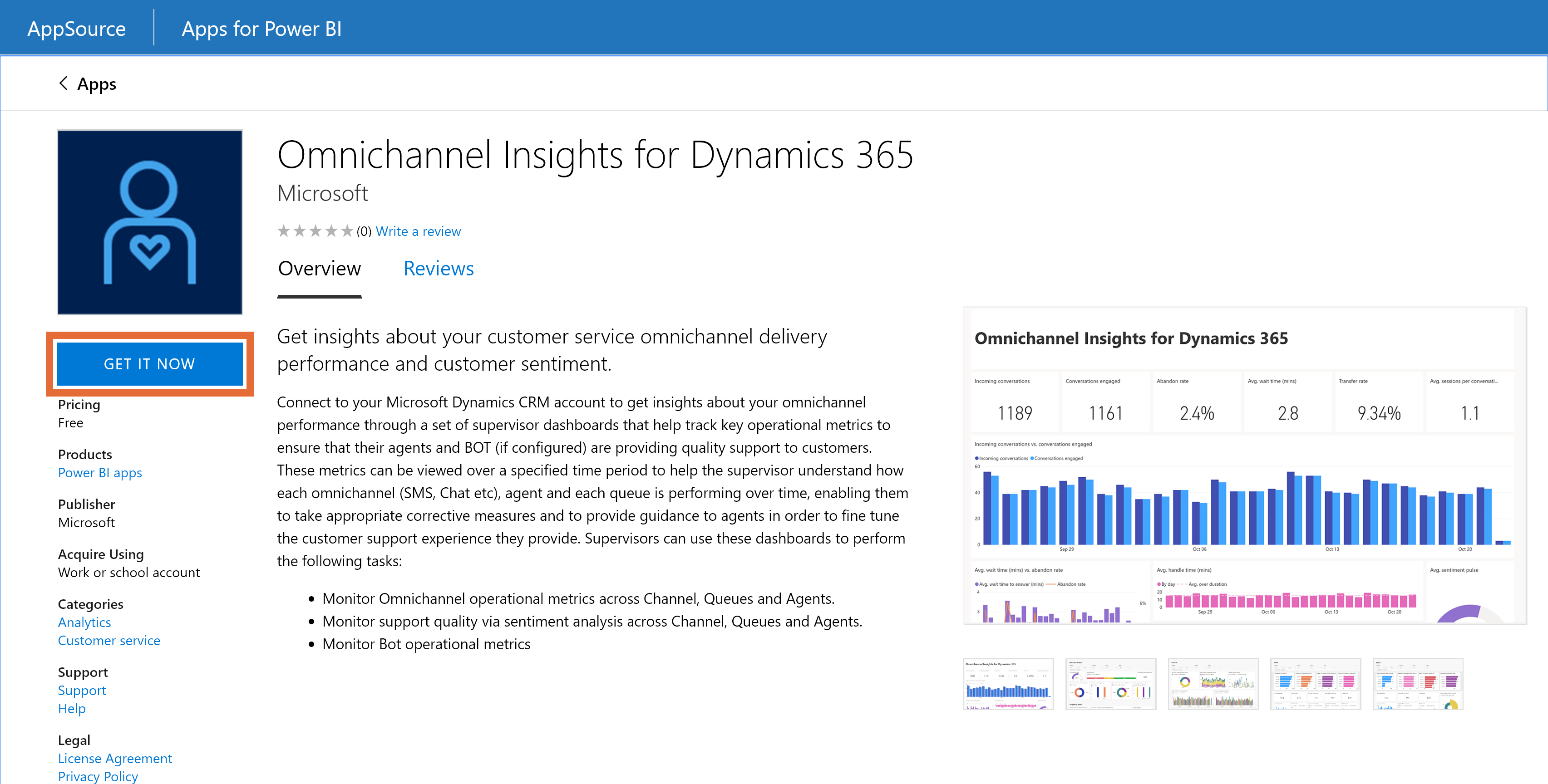 Instalação do aplicativo Insights for Dynamics 365 do Omnicanal.
