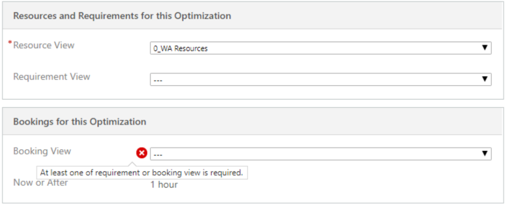 Captura de tela mostrando que os usuários devem selecionar um requisito ou uma exibição de reserva.