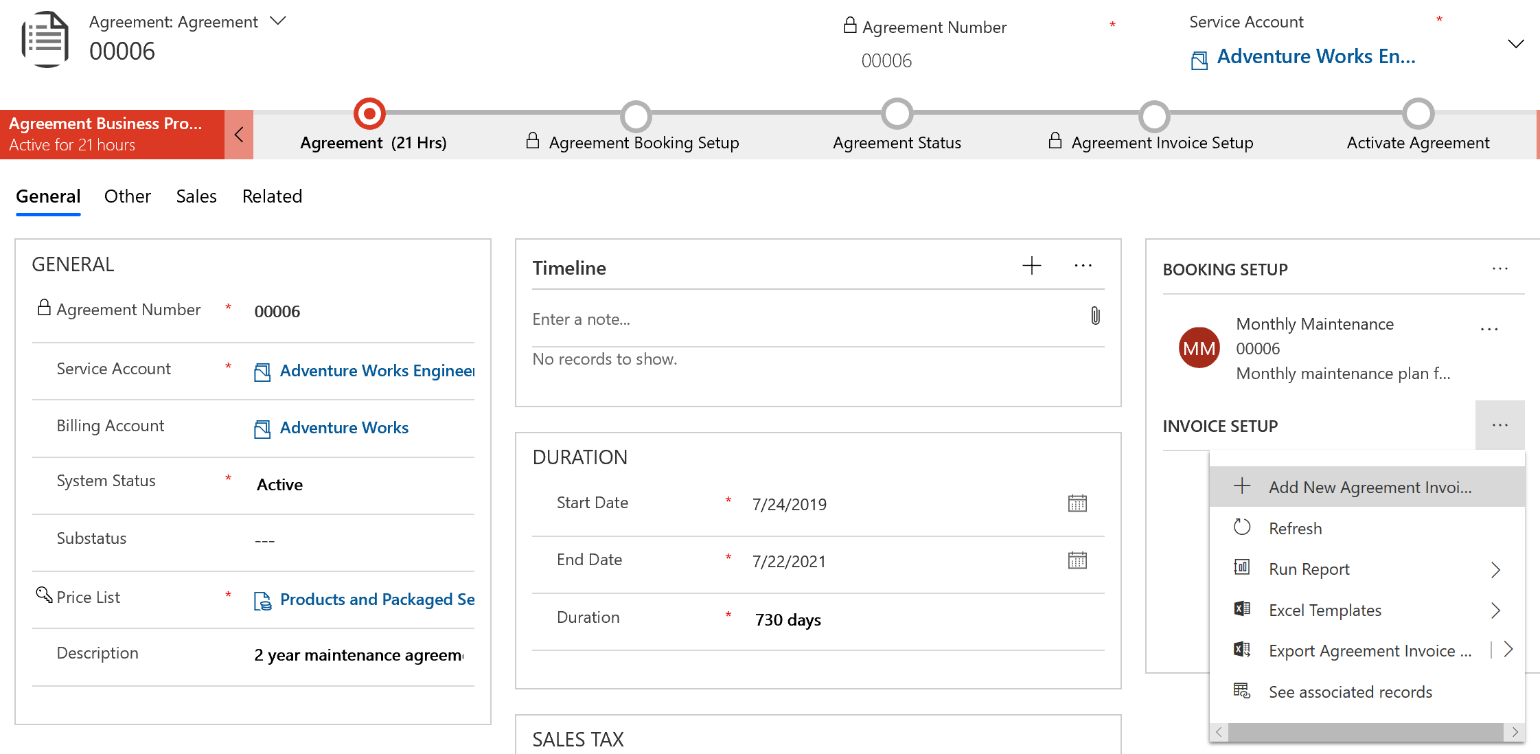 Captura de tela de um contrato mostrando a opção adicionar nova fatura do contrato na configuração da fatura.