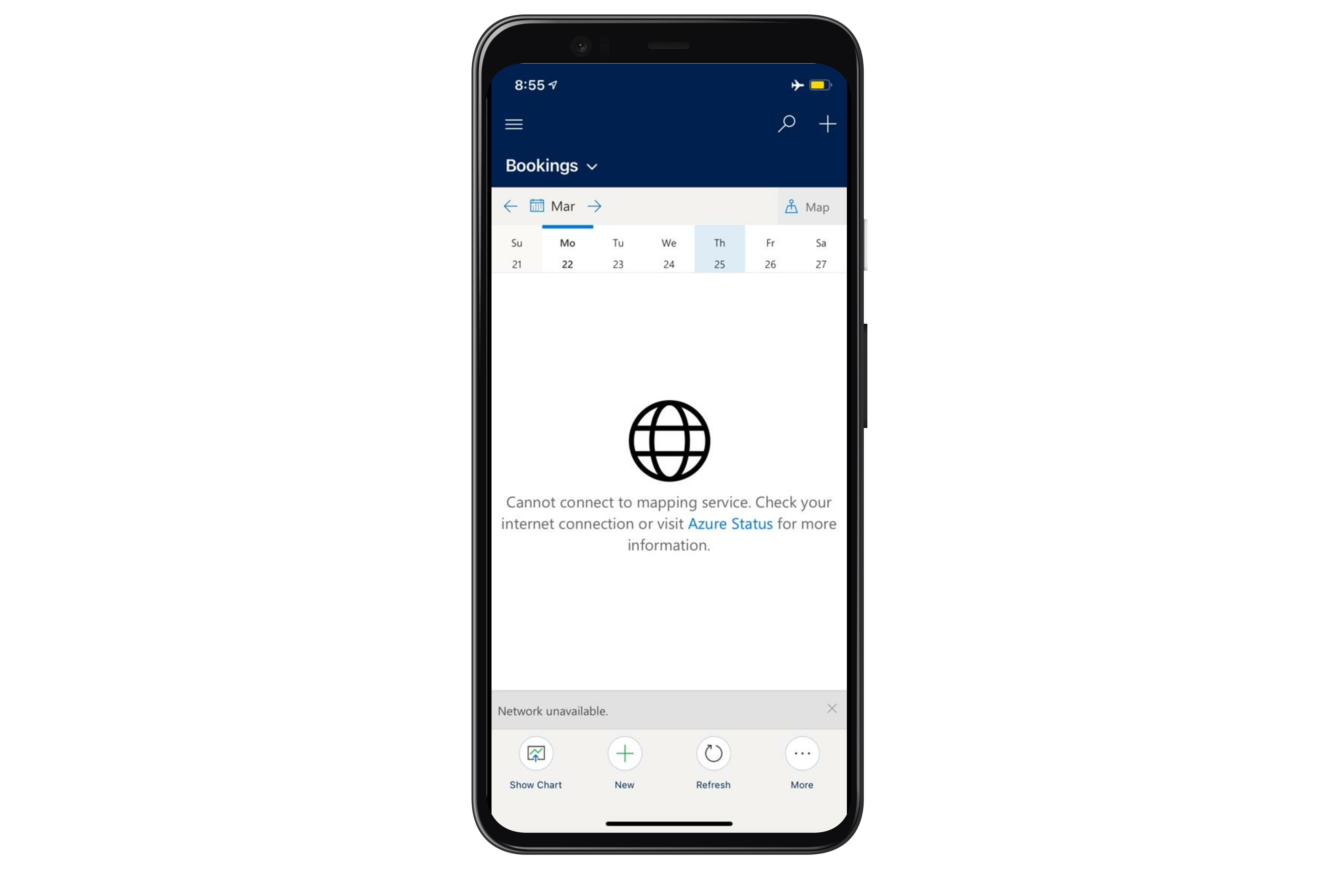 Field Service Mobile, mostrando uma mensagem informando que o aplicativo não pode se conectar ao serviço de mapeamento.