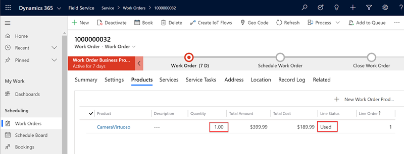 Captura de tela de uma ordem de serviço com a quantidade e o status da linha de um produto da ordem de serviço realçado.