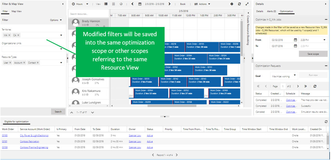 Captura de tela do painel de agendamento com filtros modificados.