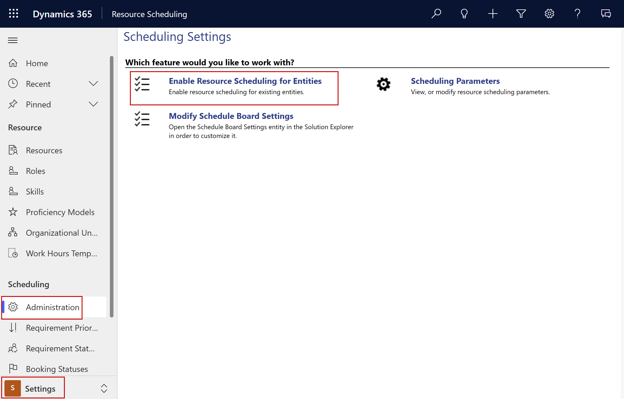 Captura de tela das configurações de agendamento mostrando a opção Habilitar Agendamento de Recursos para Entidades.