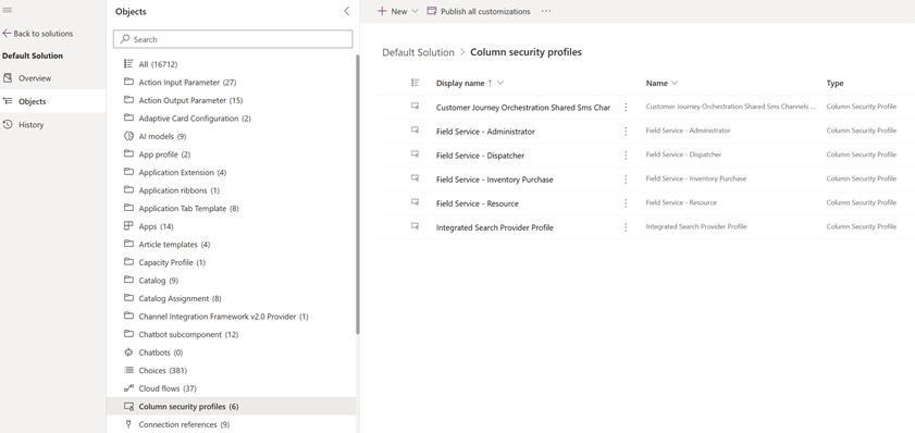 Captura de tela do PowerApps mostrando a seleção dos perfis de segurança de coluna