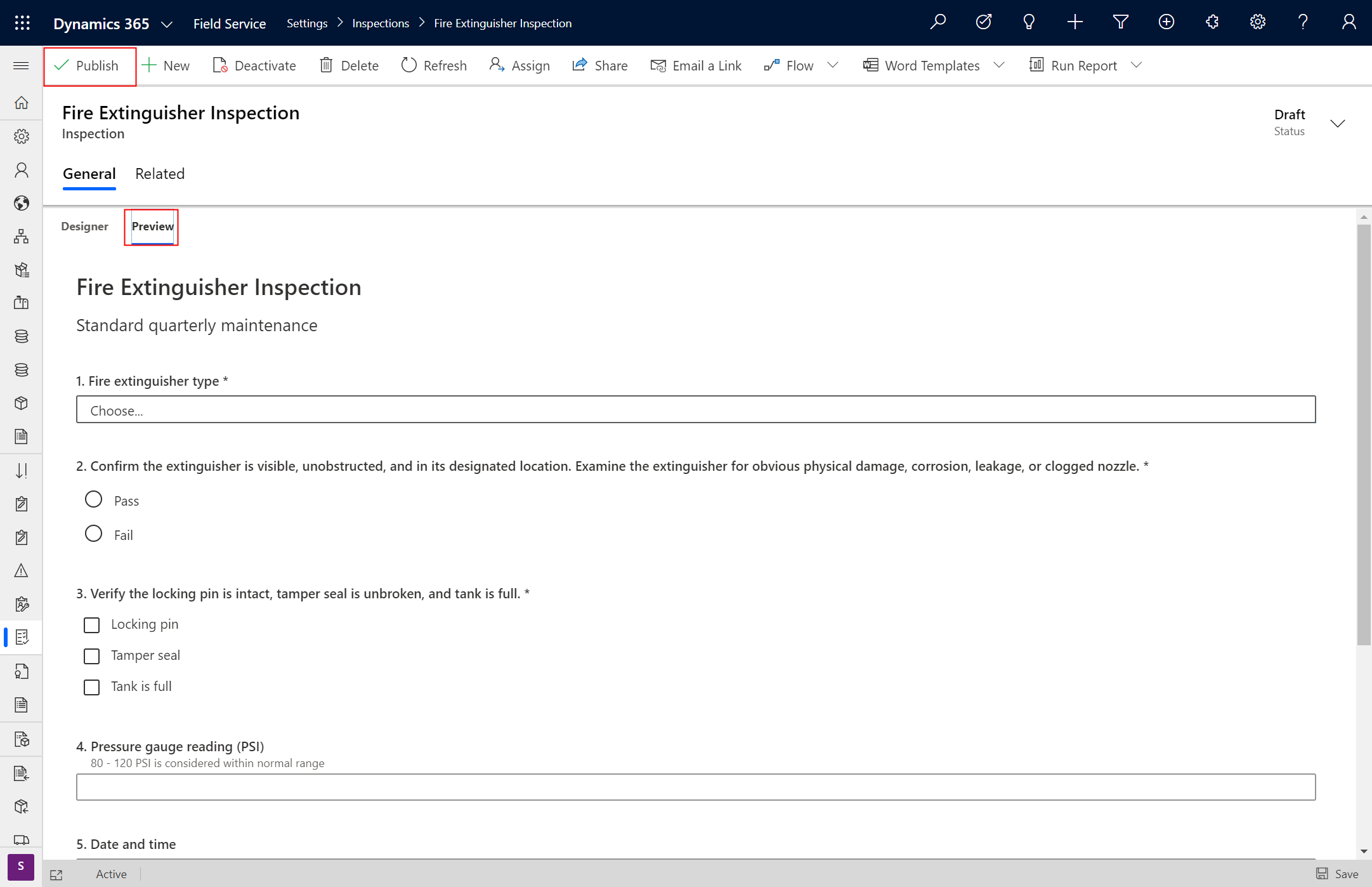 Captura de tela da inspeção do Field Service realçando a guia de versão preliminar e a opção de publicação.