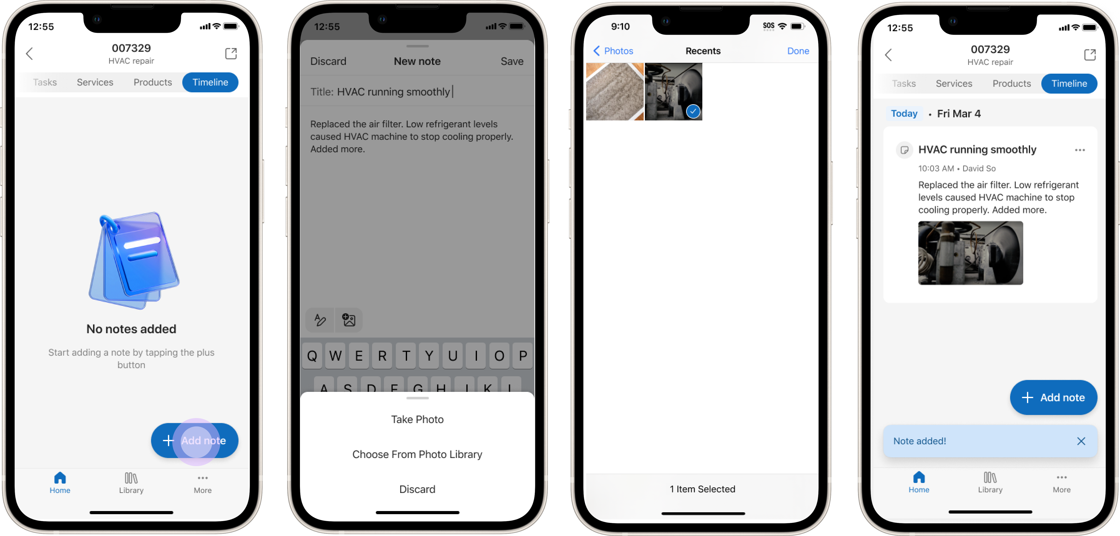Renderizações de quatro dispositivos móveis mostrando o processo de adição de uma observação com uma foto no aplicativo Field Service Mobile.