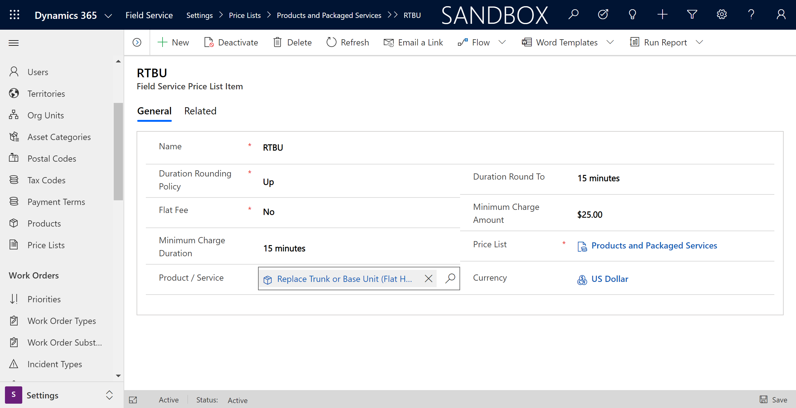 Captura de tela de um item da lista de preços do Field Service.