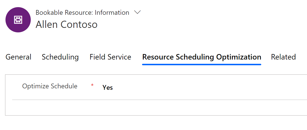Captura de tela da habilitação da Resource Scheduling Optimization de um recurso.