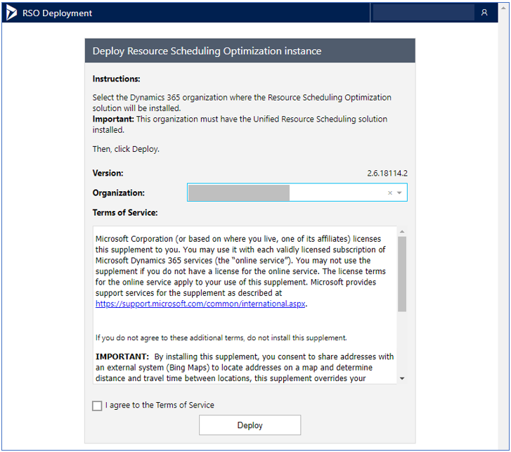 Captura de tela da página Implantar instância da Resource Scheduling Optimization.
