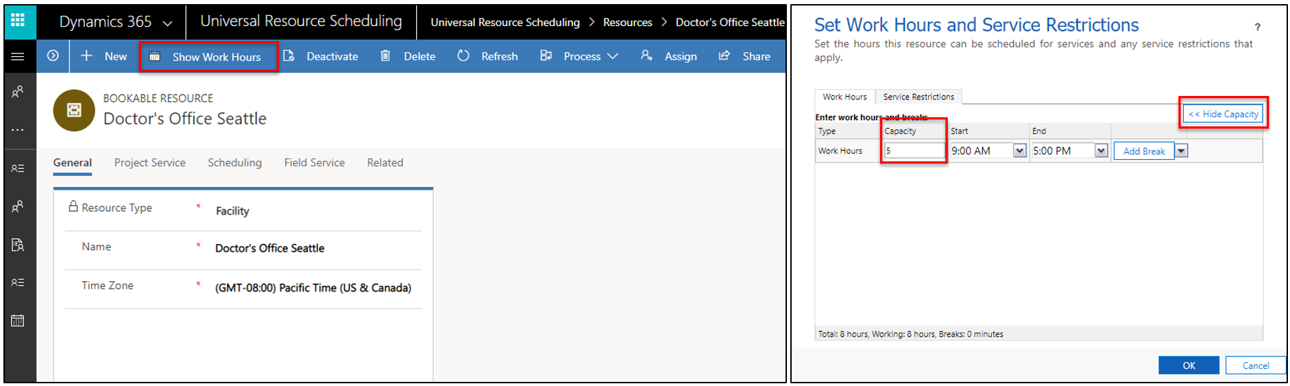 Captura de tela da adição da capacidade ao recurso Instalação em horas de trabalho.