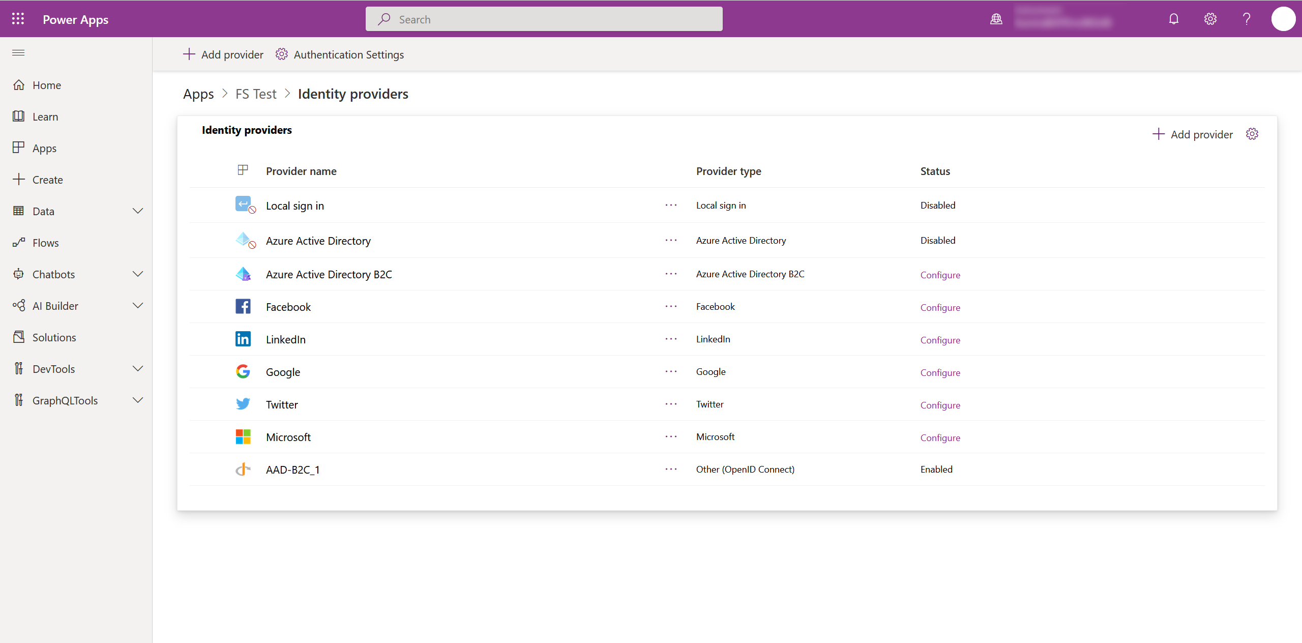 Lista de provedores de identidade no Power Apps.
