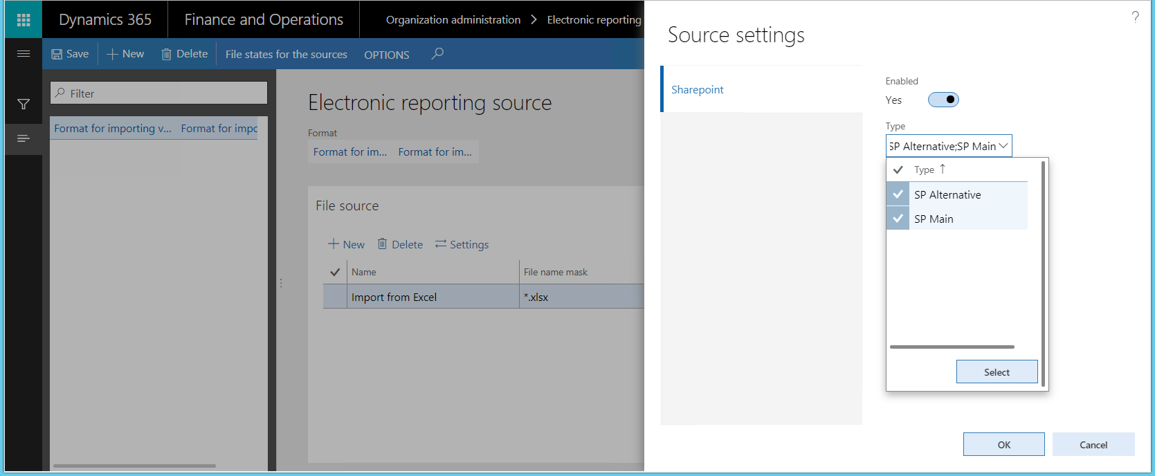 Configuração de origem dos arquivos de ER.