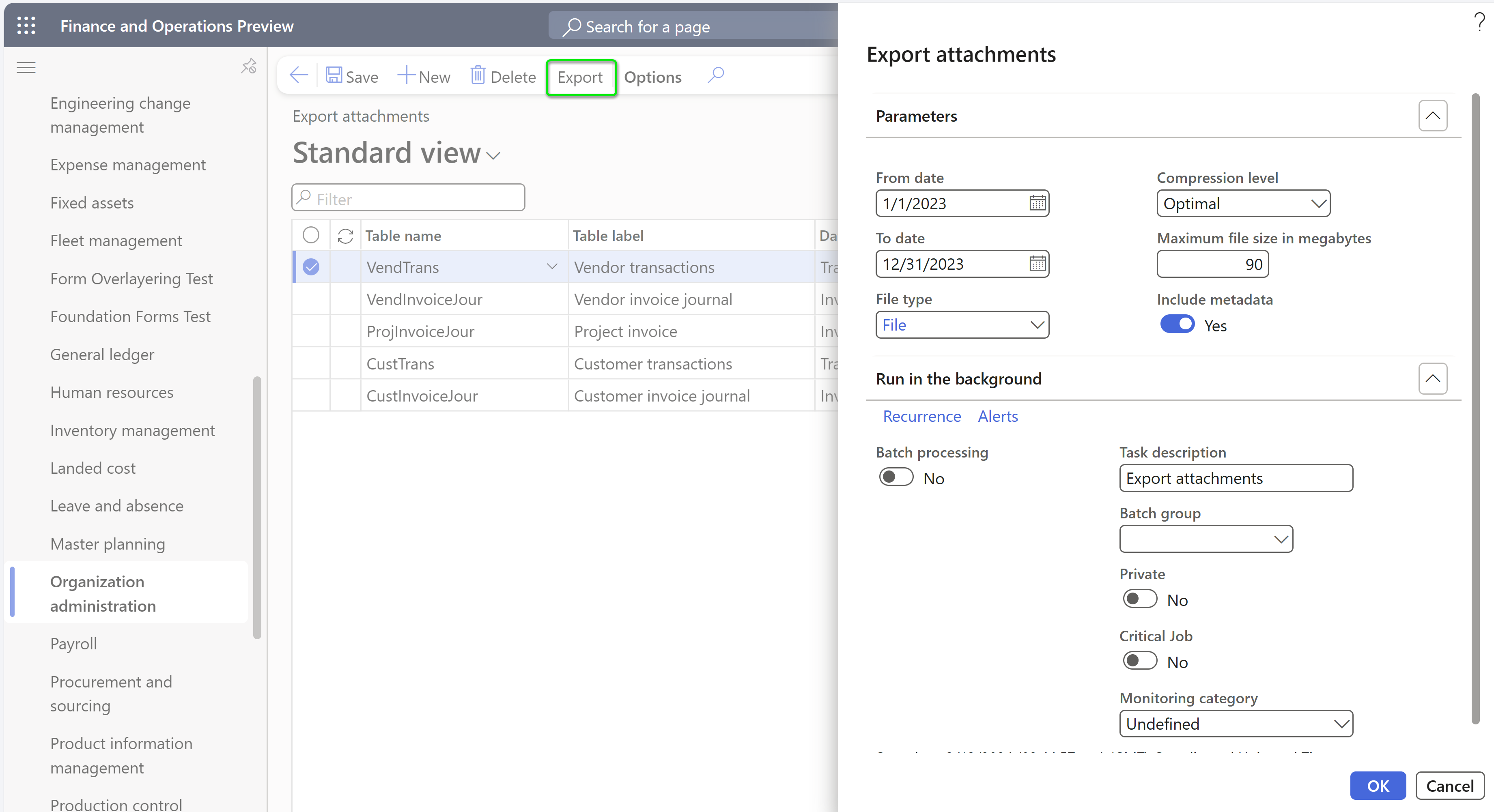 Screenshot of the Export attachments dialog box.