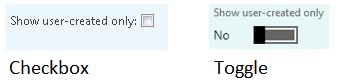 Image of a check box and a toggle.