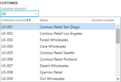Pesquisa contextual quando um ID da conta do cliente é inserido.