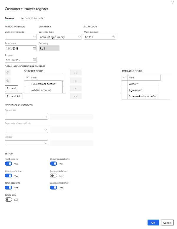 Customer turnover register page, General tab.