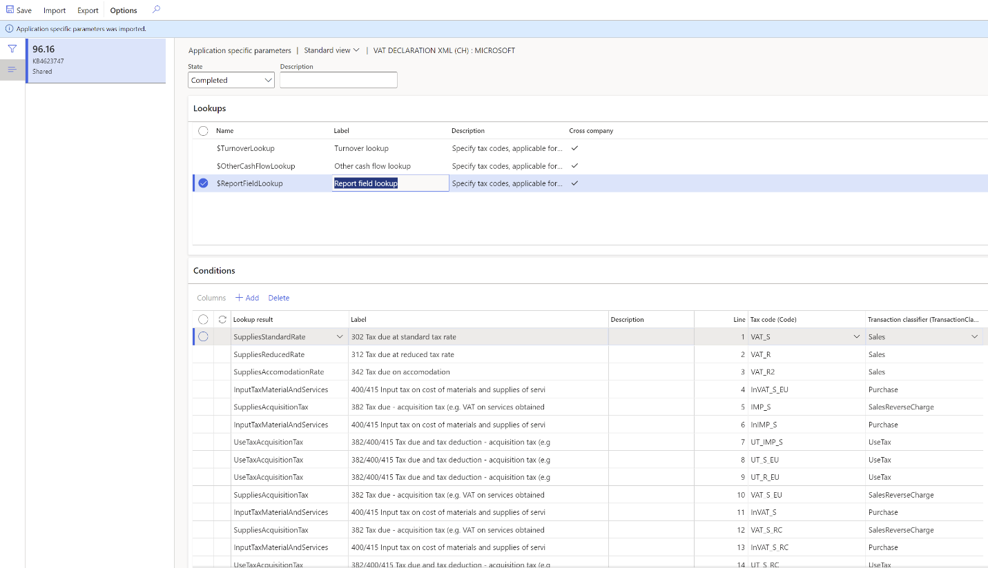 Application specific parameters page for Report field lookup.