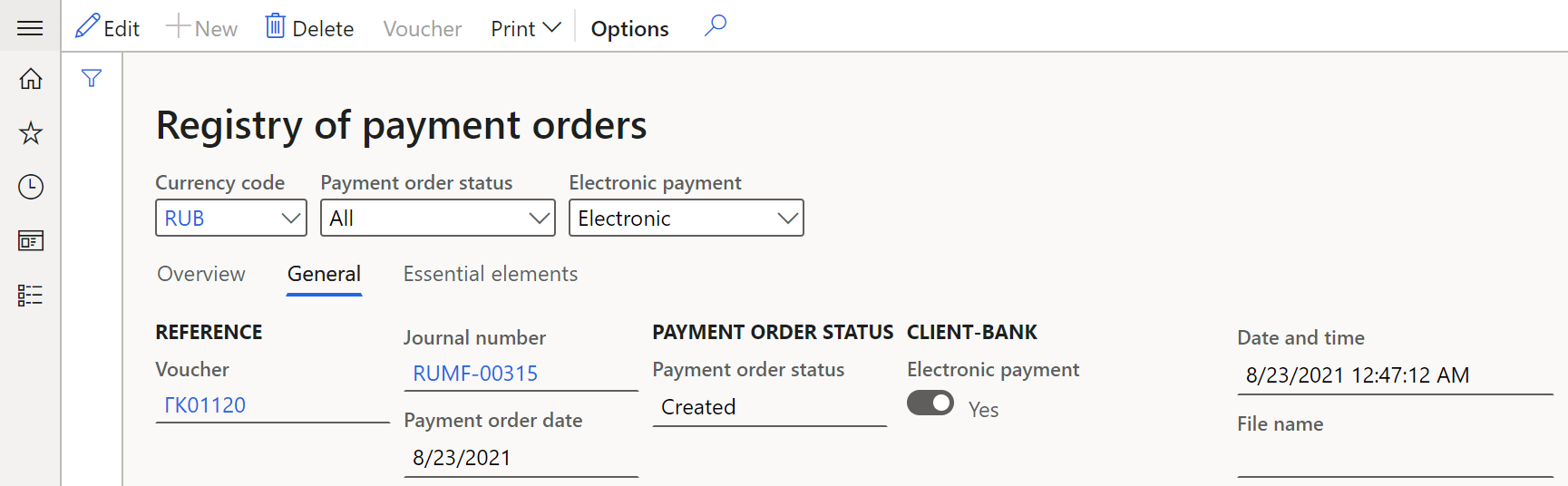 Fields on the General tab of the Registry of payment orders page.