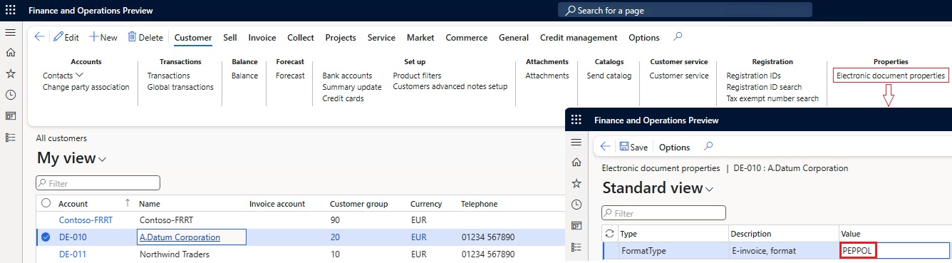 Screenshot that shows PEPPOL entered in the Value column on the Electronic document properties page.
