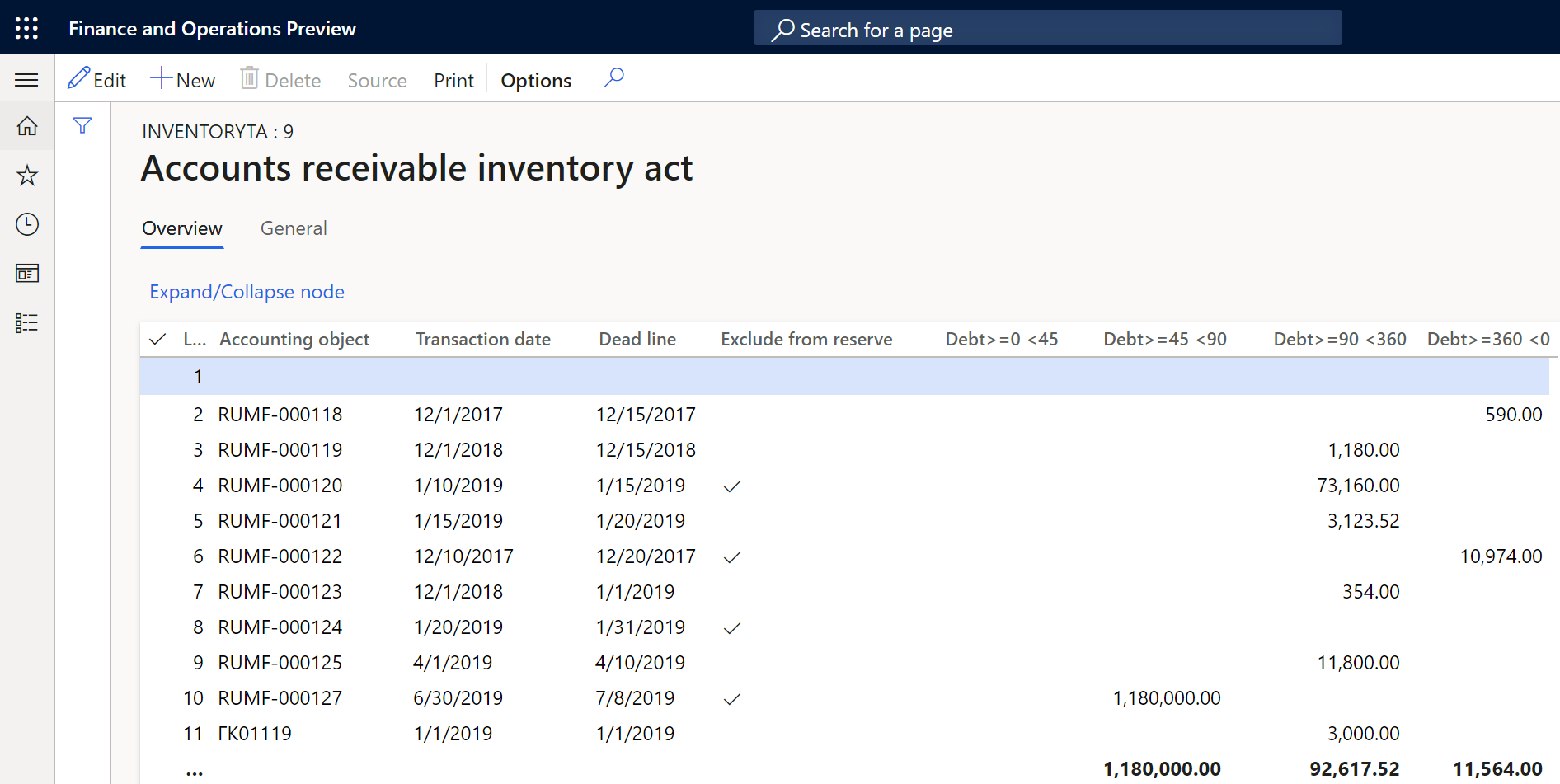 Example of the Accounts receivable inventory act page.