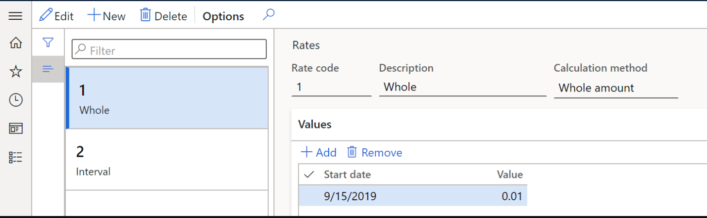 Values FastTab, Start date and Value fields.