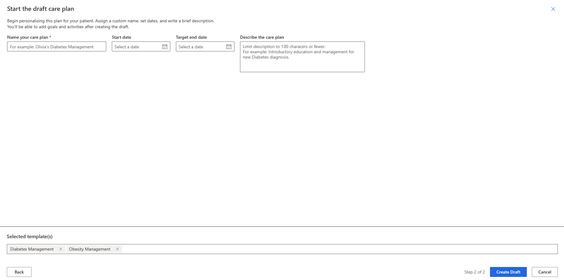 Uma captura de tela mostrando o rascunho do plano de tratamento.