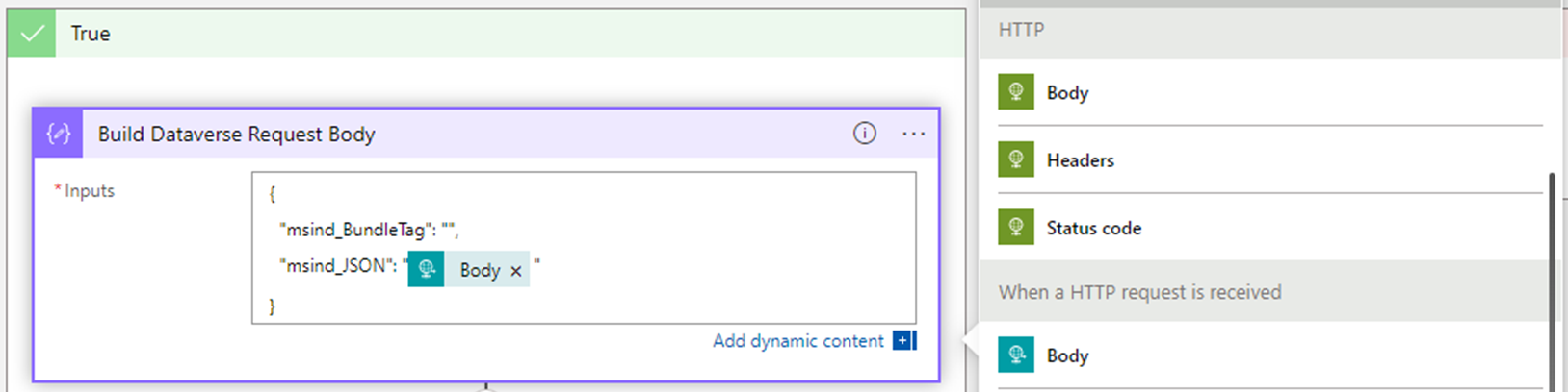 Uma captura de tela mostrando a criação do corpo da solicitação do Dataverse.