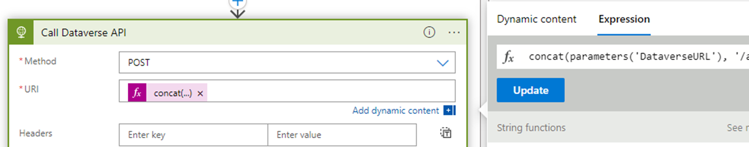 Uma captura de tela mostrando a expressão de URI de ação da API do Dataverse de chamada.