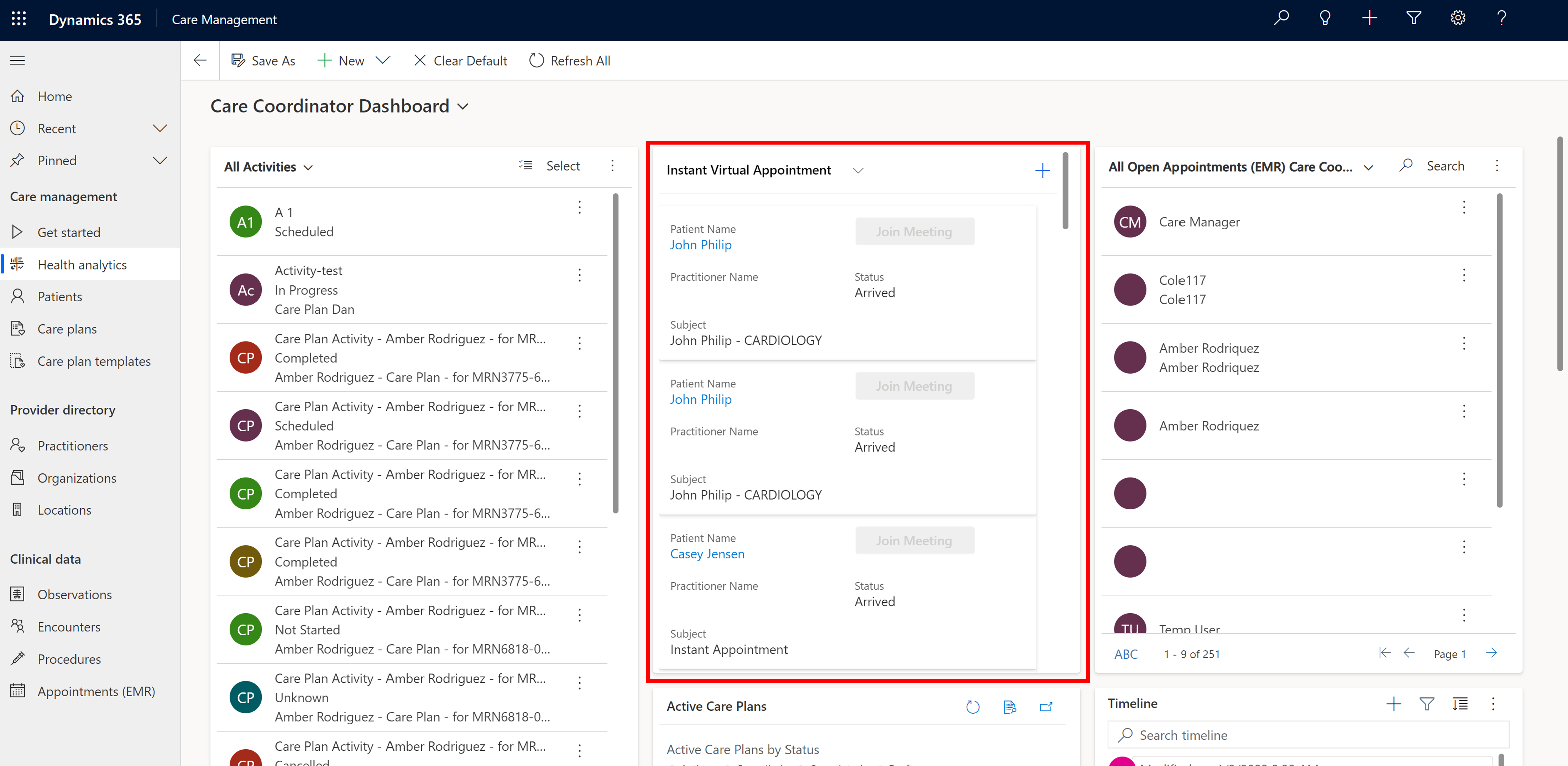 Captura de tela exibindo o painel de compromissos virtuais instantâneos.